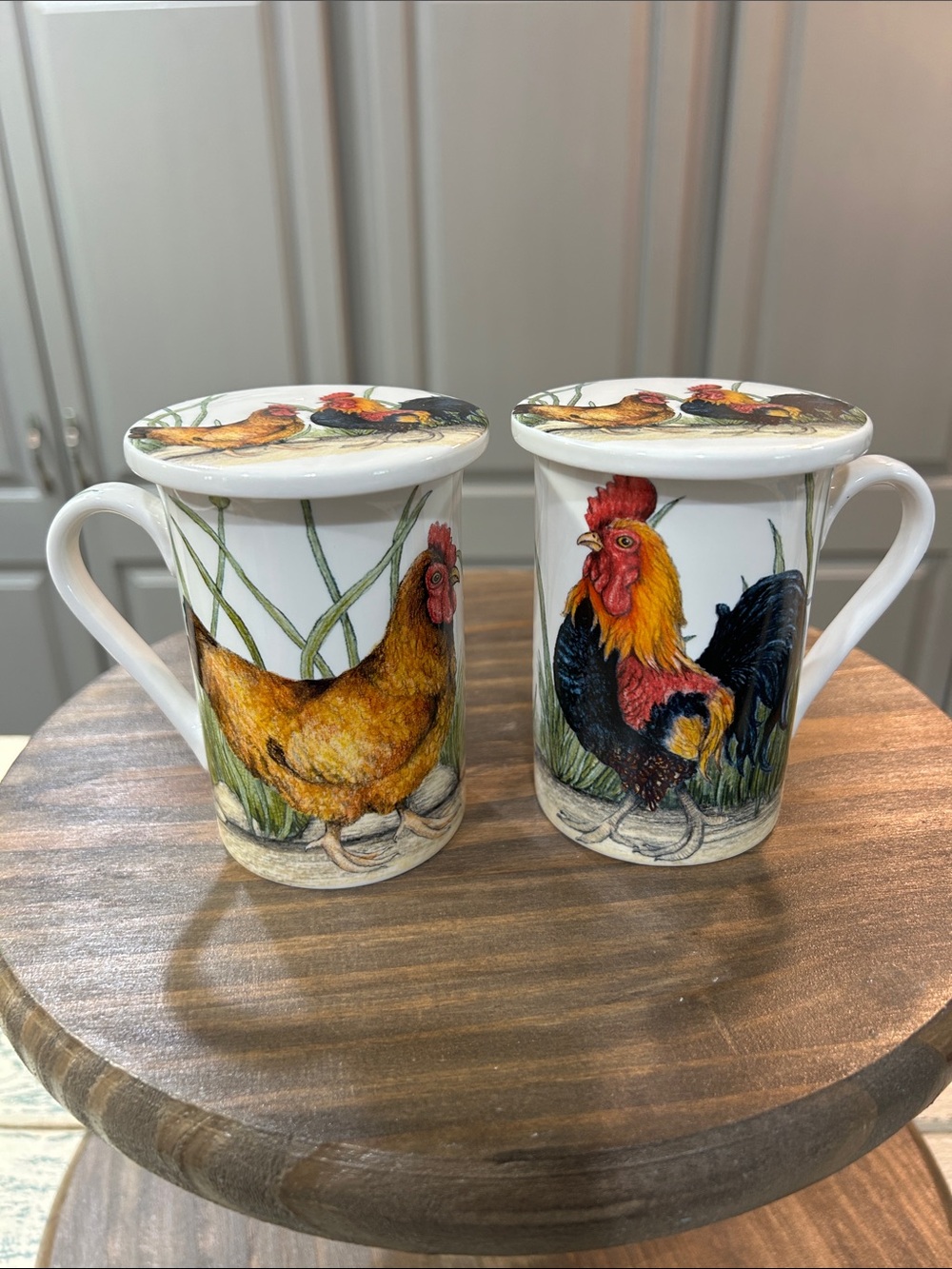 Kent Pottery Porcelain Lidded Mugs Colorful Rooster & Hen Artwork Set of 2